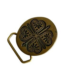 Vintage BTS Solid Brass Buckle Made in USA Clover Floral Design